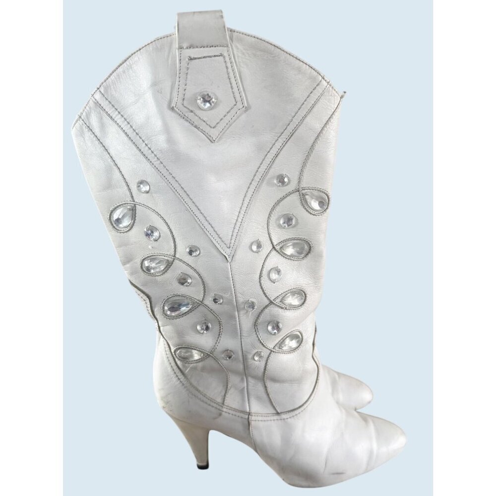 Vintage SACHA LONDON White Leather Embellished Western Boots 1980s Sz 7.5 - Picture 4 of 8